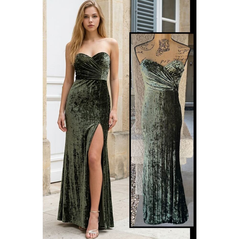 Lulus Olive Velvet Pleated Strapless Classy Sensation Maxi Dress Size M